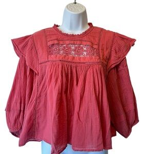 Free People Laura crochet lace blouse M Pink Peasant top 3/4 balloon sleeve Boho